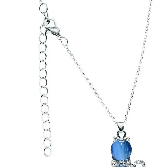 Silver Tone Chain Necklace W/Rhinestones And Blue Cabochon Cat Pendant (5550) - Picture 4 of 5